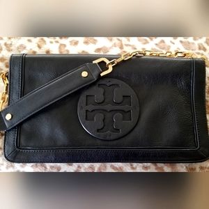 AUTHENTIC TORY BURCH LEATHER BOMBE REVA FOLDOVER CLUTCH BAG PURSE